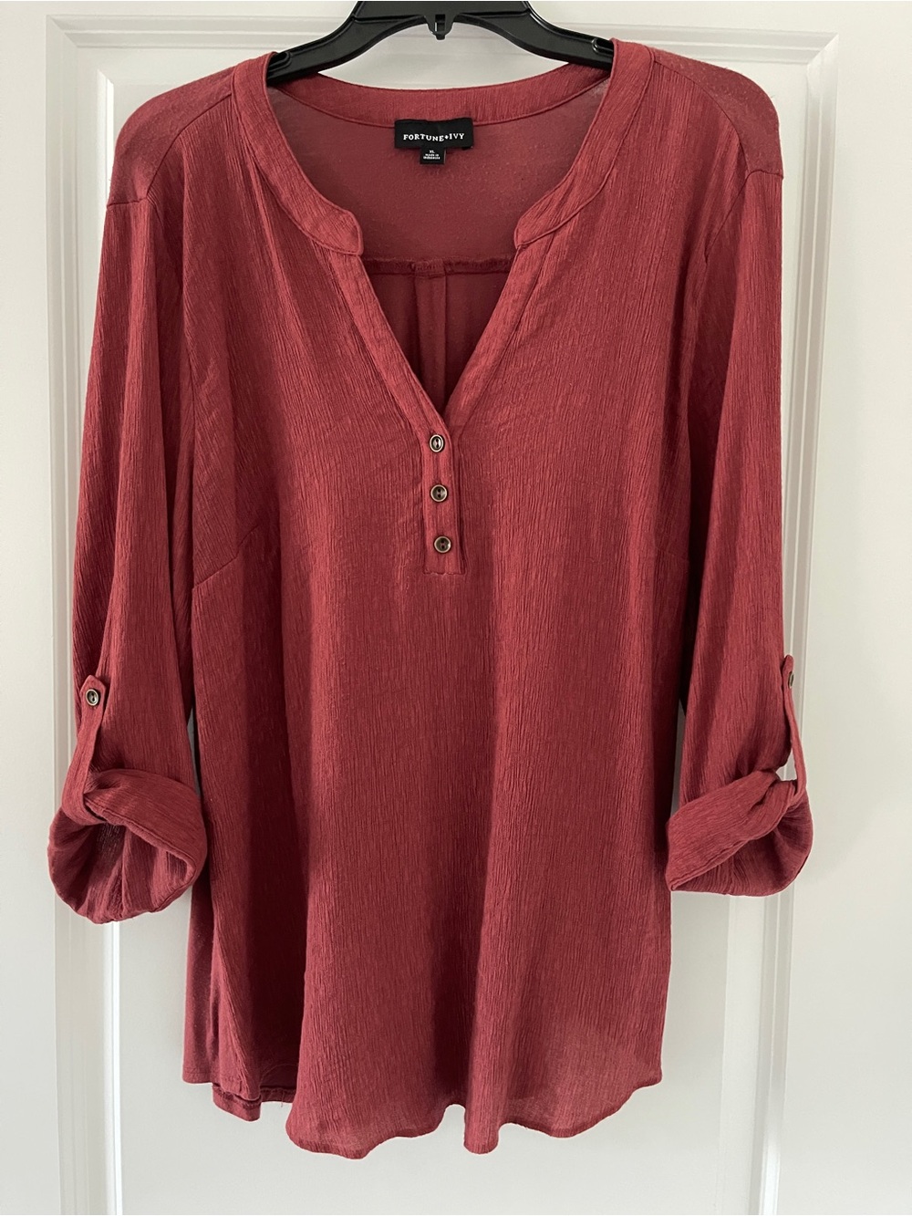 Fortune + Ivy Women's Corey Mixed Material Top, Burnt Orange